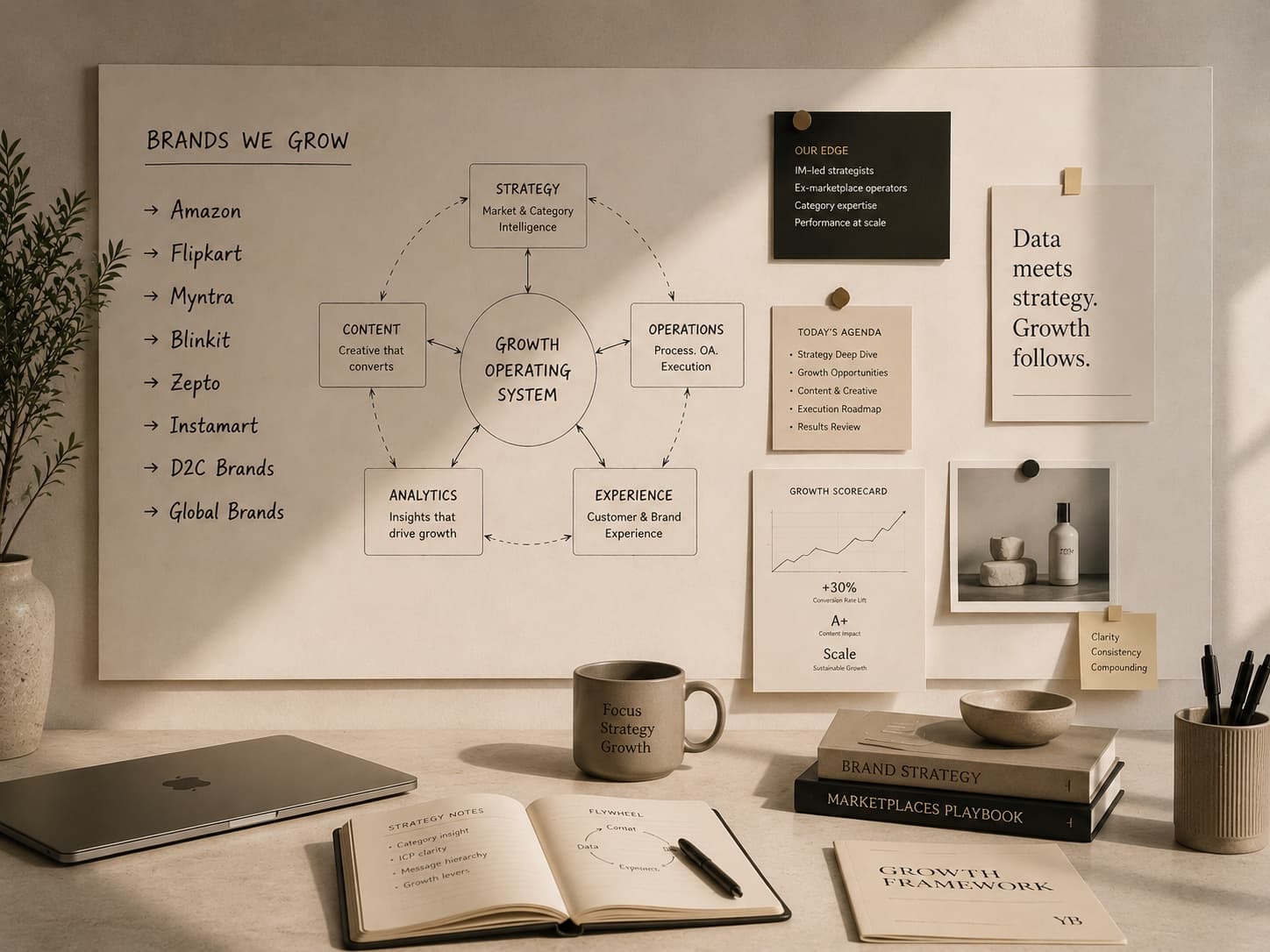 The YBA Growth Operating System on a whiteboard — strategy, content, operations, analytics and experience as one connected system, with growth scorecards pinned alongside.